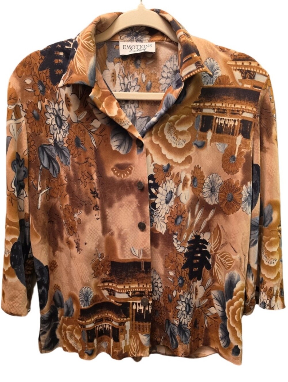 90s Vintage Floral Pagoda Print Blouse Emotions Exclusif Brown Button Up